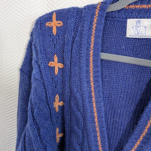Vintage 80s Chunky Cable Knit Cardigan Blue Orange Wool Blend Est. size M to L - Picture 8 of 16